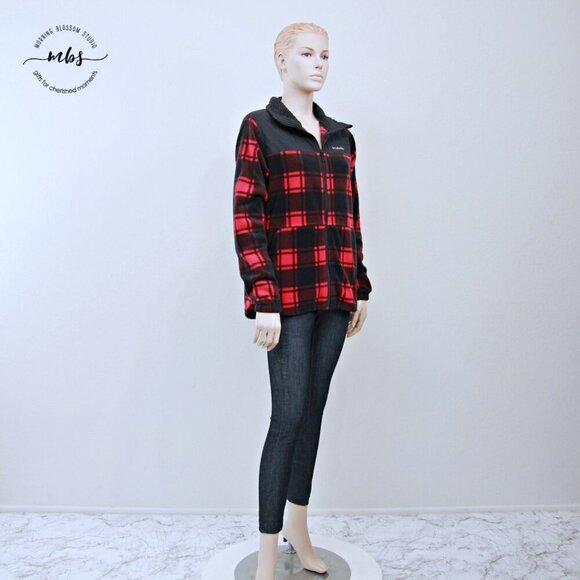 Columbia Benton Springs Overlay Plaid Check Zip Fleece Jacket Red Black Women M - Picture 2 of 10